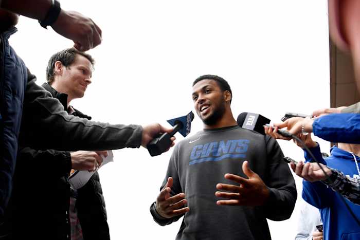 May 4, 2019; East Rutherford, NJ, USA; New York Giants cornerback Julian Love (37) speaks to the media during rookie minicamp at Quest Diagnostics Training Center.